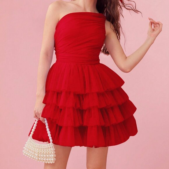 Red Elegant Women's Asymmetric Ruffle Layered Mesh Overlay Dress - Picture 4 of 8